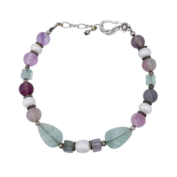 Vintage Sterling Silver 925 Fluorite and Pearl Beaded Bracelet 7.25" - Picture 1 of 5